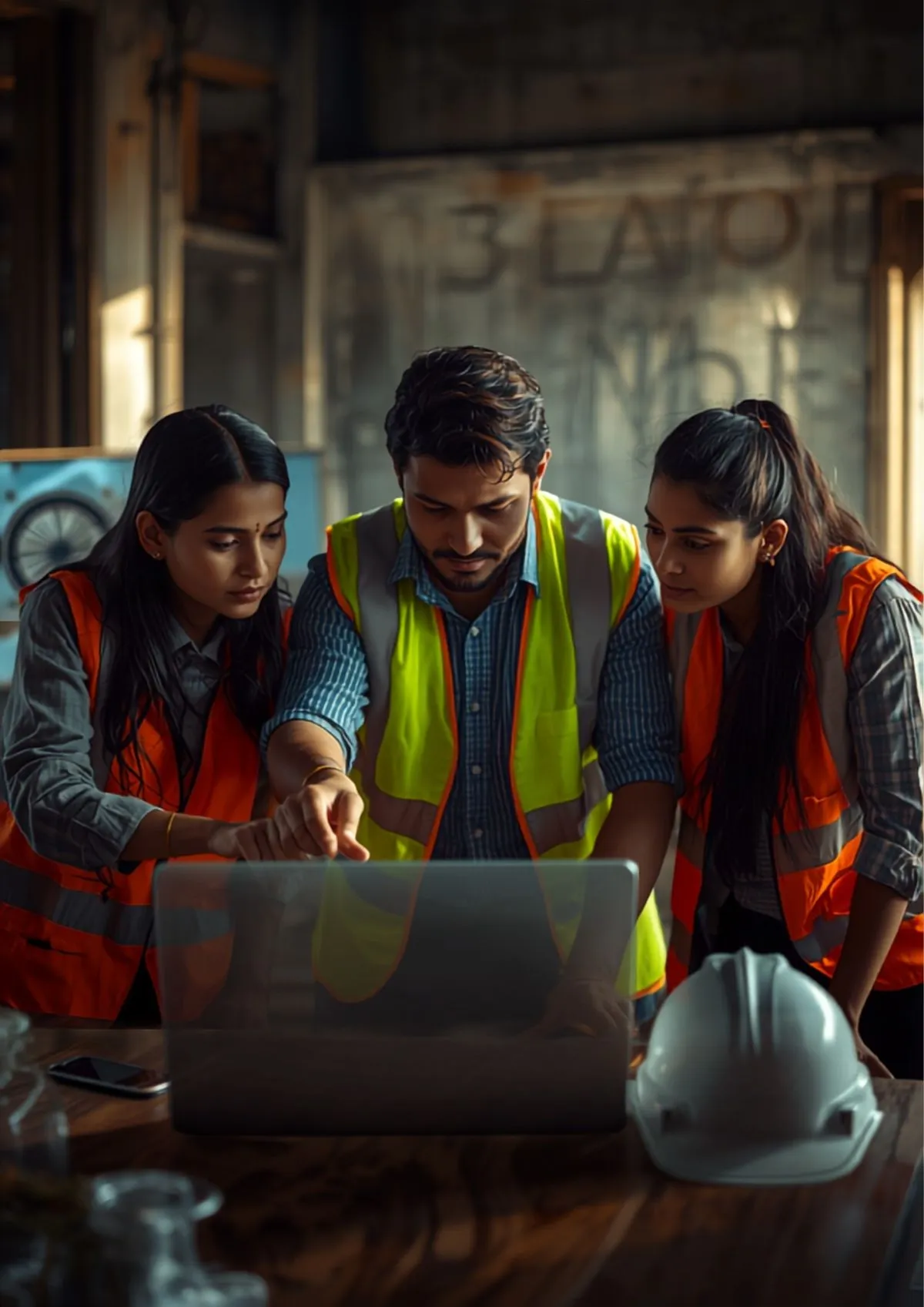 An Indian engineering team in hi-vis vests reviewing live project data together on a laptop in a site office